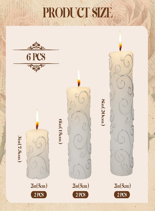 Veiuwa 6-Pack White Pillar Candles with Embossed Silver Patterns for Home Decor & Cozy Ambiance, Vintage White Candles (2x3/6/8 Inch), Dripless Smokeless Clean-Burning for Table, Mantel, Holidays - Image 3